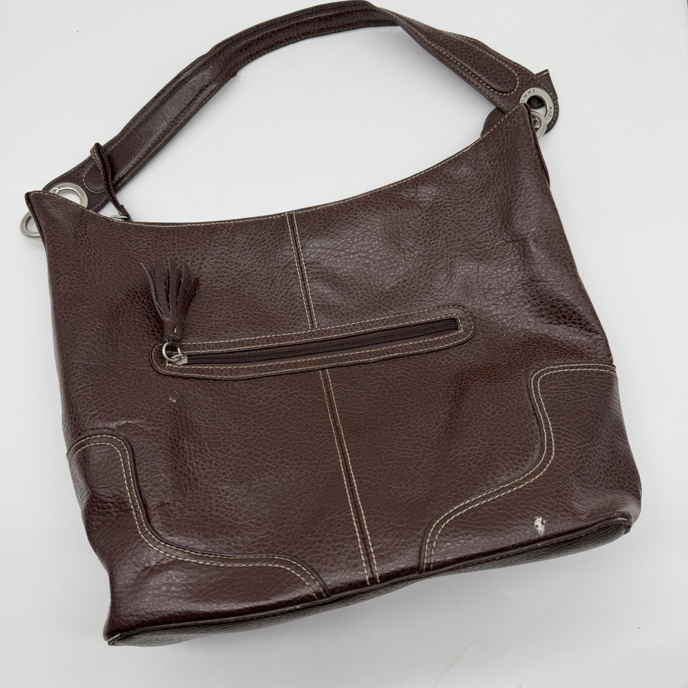 Vintage Tommy Hilfiger Brown Leather Hobo Shoulder Bag Silver Ring Hardware Y2K